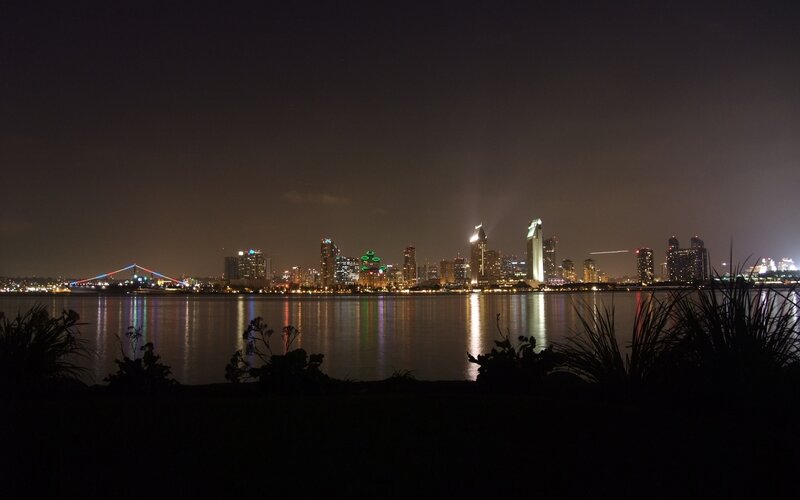 San Diego Skyline at Night — Black, Calm, Photograph