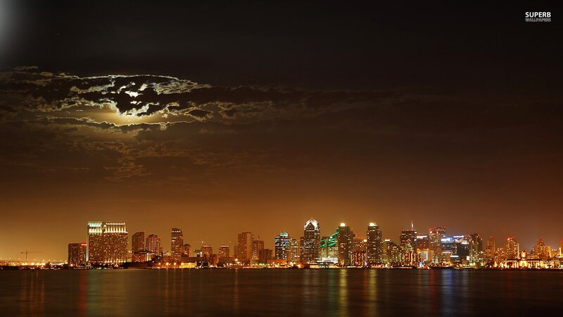 San Diego Skyline at Night — Black, Dramatic, Photograph, Moon