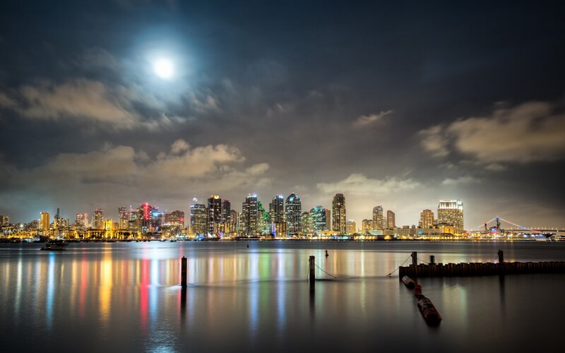 San Diego Skyline at Night — Black, Serene, Photograph, Moon