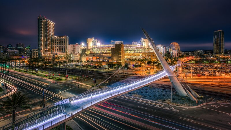 San Diego Skyline at Night — Blue, Dramatic, Photograph, Bridge