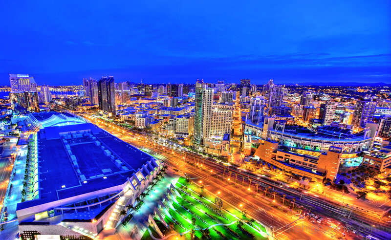 San Diego Skyline at Night — Blue, Dramatic, Photograph