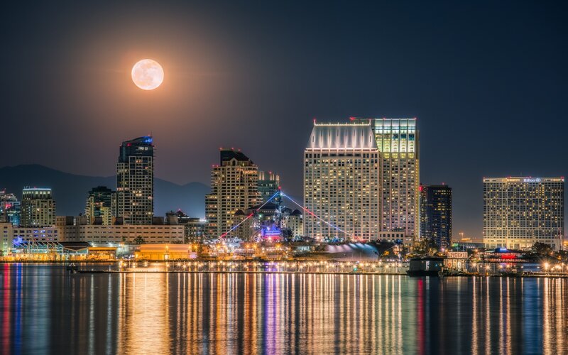 San Diego Skyline at Night — Blue, Serene, Photograph, Moon