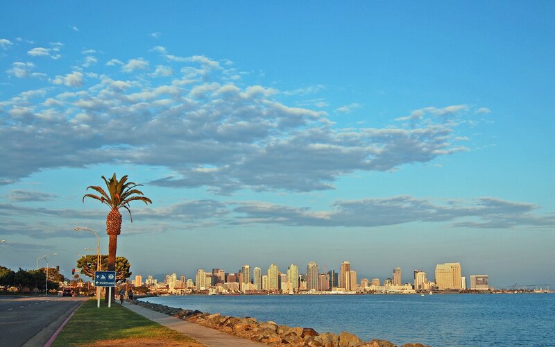 San Diego Skyline — Blue, Serene, Sunset, Photograph, Palm Tree, Cityscape, Water