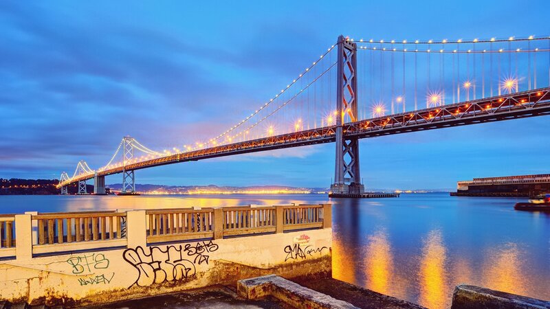 San Francisco Bay Bridge at dusk