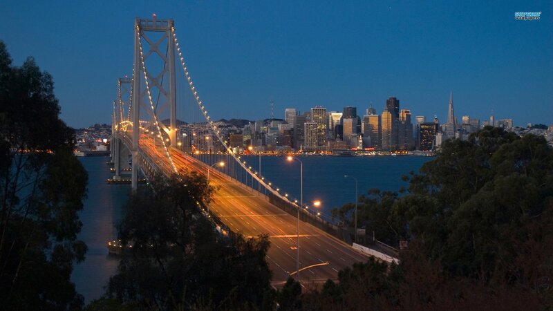 San Francisco Bay Bridge at dusk