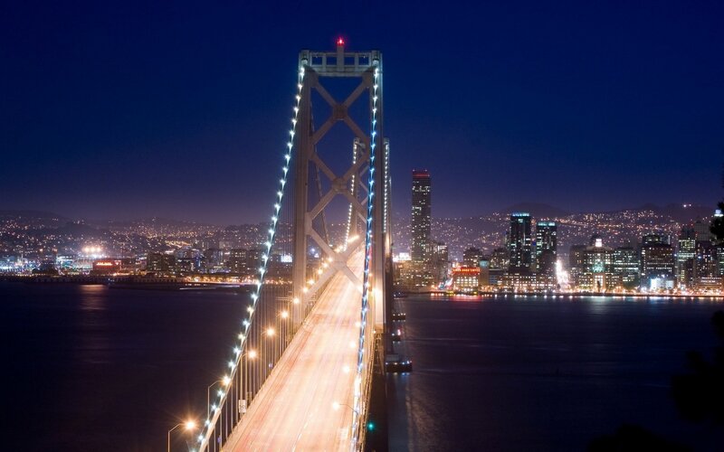 San Francisco Bay Bridge — Blue, Dramatic, Night, Photograph, City Skyline, Night Sky