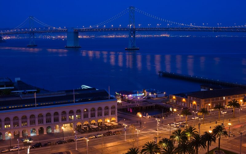 San Francisco Bay Bridge — Blue, Serene, Night, Photograph, Buildings
