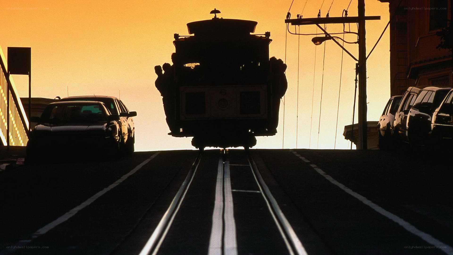 San Francisco cable car at sunset