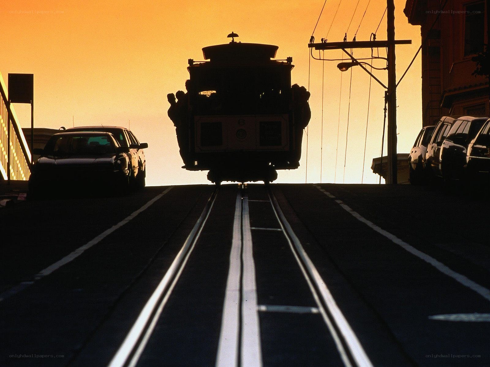 San Francisco cable car at sunset