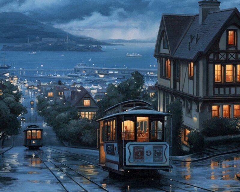 San Francisco cable cars at night