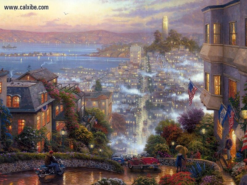 San Francisco Cityscape — Blue, Serene, Sunset, Painting, American Flags
