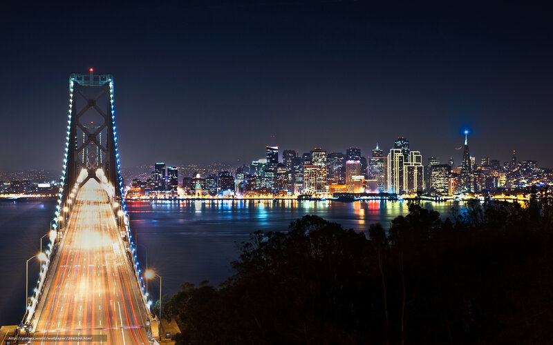 San Francisco Skyline at Night — Black, Dramatic, Photograph, Bridge