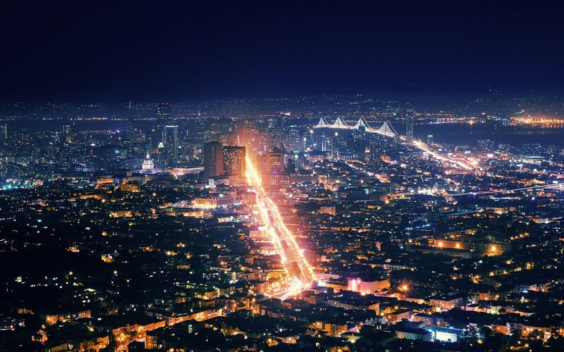 San Francisco Skyline at Night — Black, Dramatic, Photograph, City Lights, Bridge, Highway