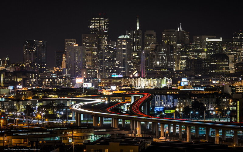 San Francisco Skyline at Night — Black, Dramatic, Photograph, Highway