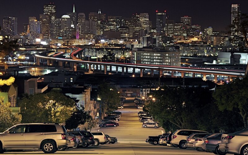 San Francisco Skyline at Night — Black, Dramatic, Photograph