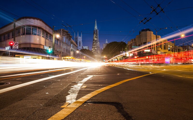 San Francisco Skyline at Night — Blue, Dramatic, Photograph, Light Trails