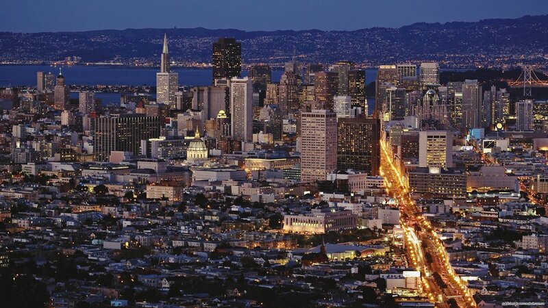 San Francisco Skyline at Night — Blue, Dramatic, Photograph, Skyscraper