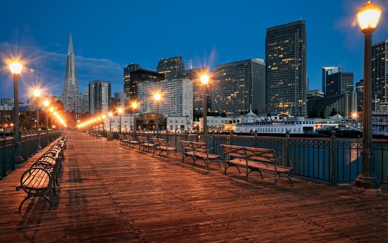 San Francisco Skyline at Night — Blue, Serene, Photograph, Pier, Benches