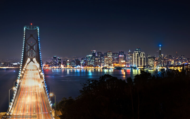 San Francisco Skyline — Black, Dramatic, Night, Photograph, Bay Bridge, Cityscape, Water