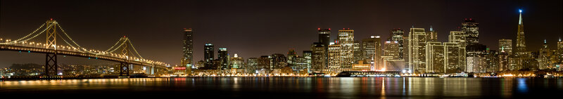 San Francisco Skyline — Black, Dramatic, Night, Photograph, Bay Bridge, Skyscrapers, Water