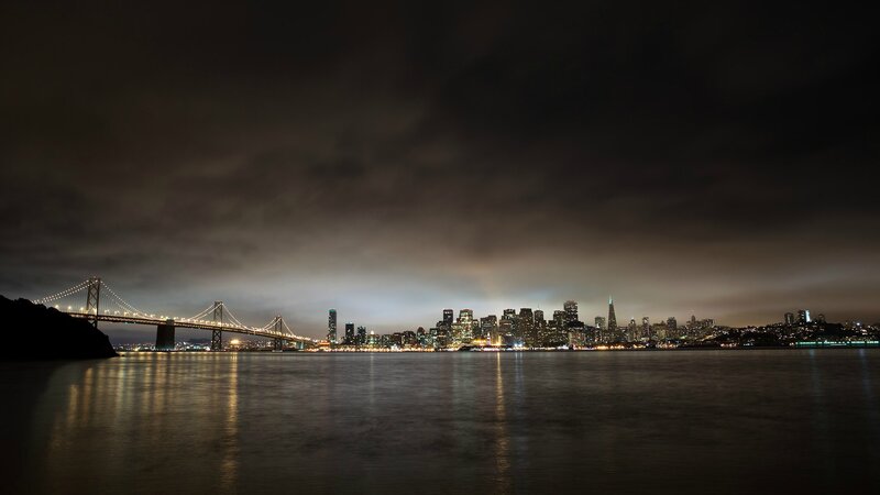 San Francisco Skyline — Black, Dramatic, Night, Photograph, Bay Bridge