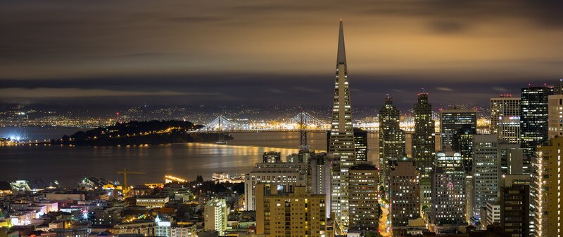 San Francisco Skyline — Black, Dramatic, Night, Photograph, Bay Bridge, Transamerica Pyramid