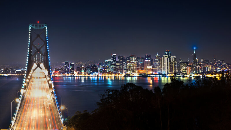 San Francisco Skyline — Black, Dramatic, Night, Photograph, Bridge