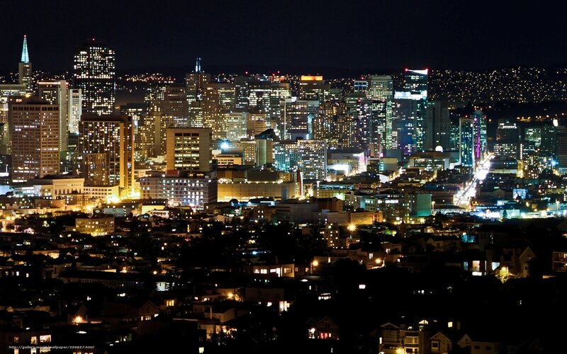 San Francisco Skyline — Black, Dramatic, Night, Photograph, Buildings, Lights