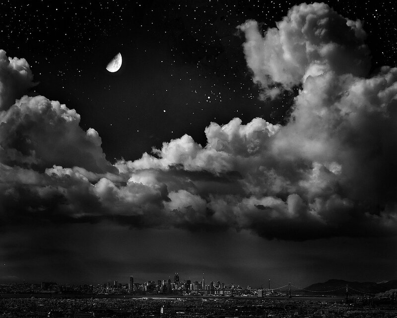 San Francisco Skyline — Black, Dramatic, Night, Photograph, Moon