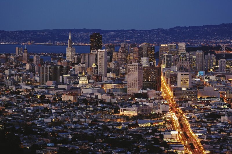 San Francisco Skyline — Blue, Calm, Night, Photograph, Buildings, Highway