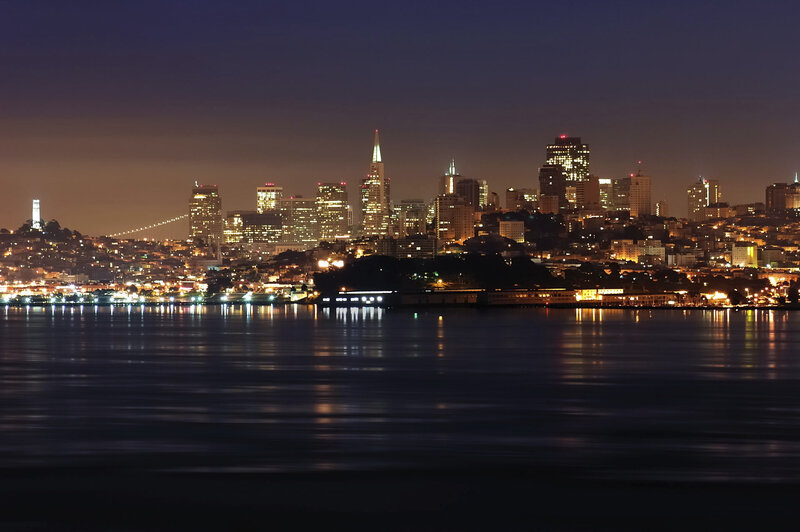 San Francisco Skyline — Blue, Calm, Night, Photograph, Buildings, Water, Bridge