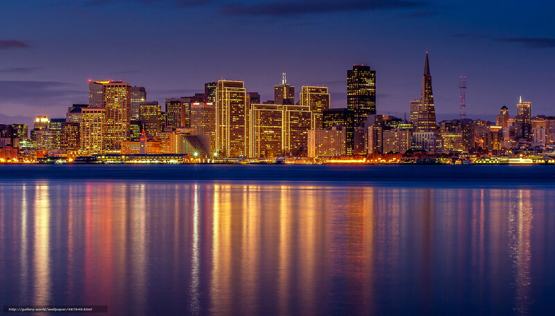 San Francisco Skyline — Blue, Calm, Night, Photograph, Buildings, Water, Sky