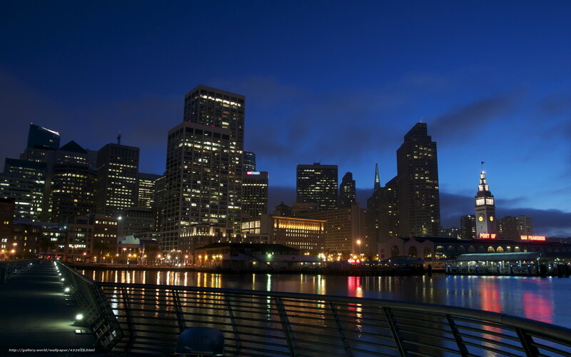 San Francisco Skyline — Blue, Calm, Night, Photograph, Buildings, Water