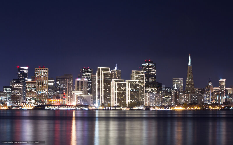 San Francisco Skyline — Blue, Calm, Night, Photograph, Skyscraper