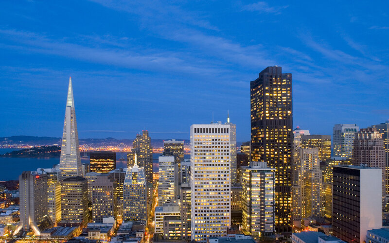 San Francisco Skyline — Blue, Calm, Night, Photograph, Skyscrapers