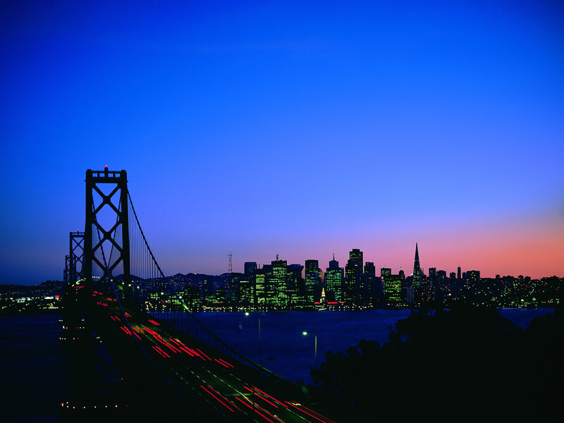 San Francisco Skyline — Blue, Dramatic, Night, Photograph, Bay Bridge, Cityscape, Purple