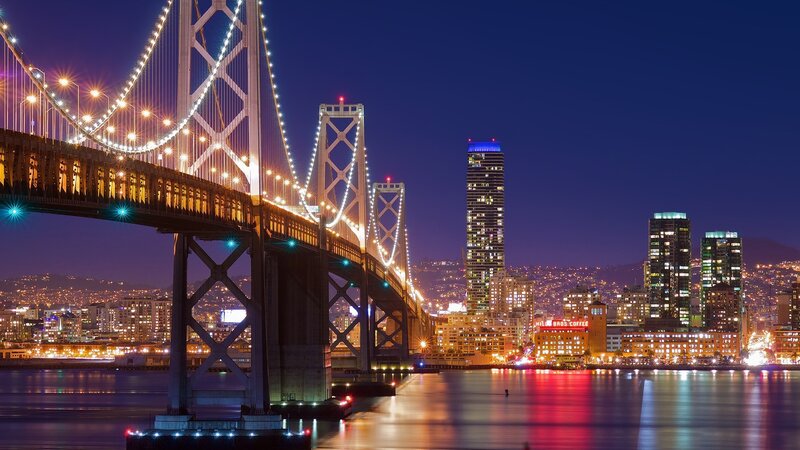 San Francisco Skyline — Blue, Dramatic, Night, Photograph, Bay Bridge, Skyscrapers