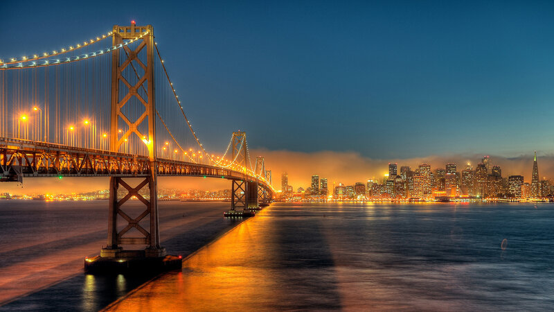 San Francisco Skyline — Blue, Dramatic, Night, Photograph, Bay Bridge