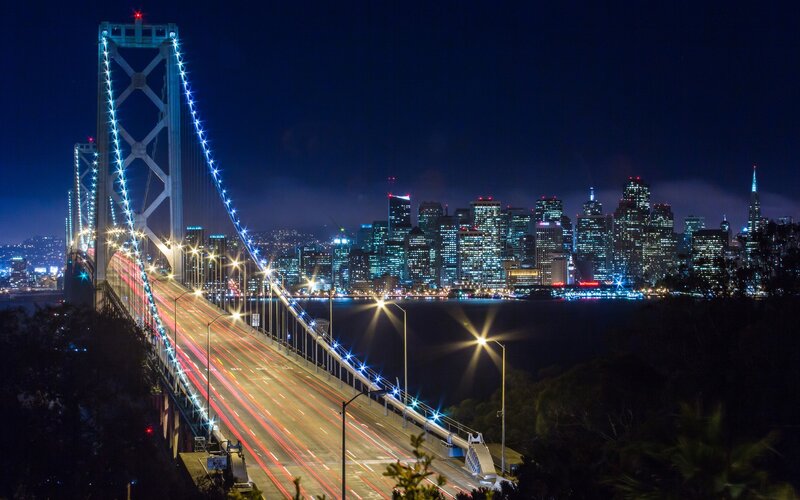 San Francisco Skyline — Blue, Dramatic, Night, Photograph, Bridge, Cityscape, Lights