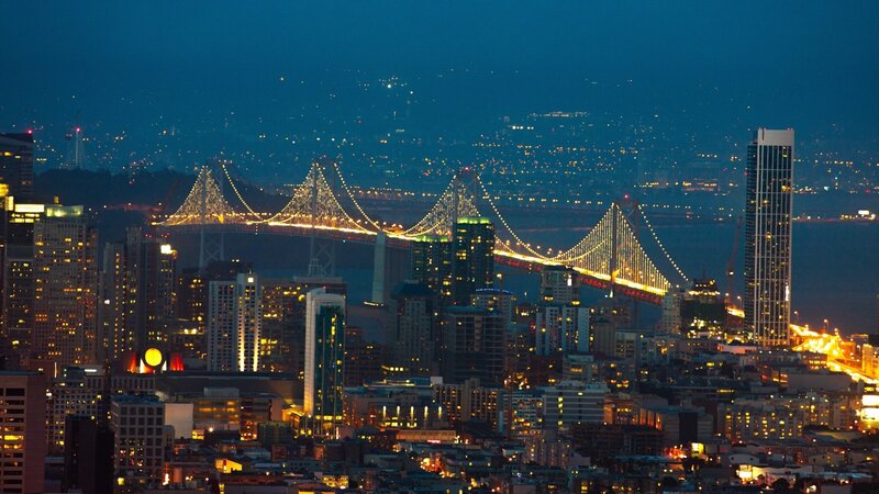 San Francisco Skyline — Blue, Dramatic, Night, Photograph, Bridge, Cityscape, Skyscrapers