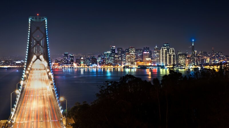 San Francisco Skyline — Blue, Dramatic, Night, Photograph, Bridge, Cityscape