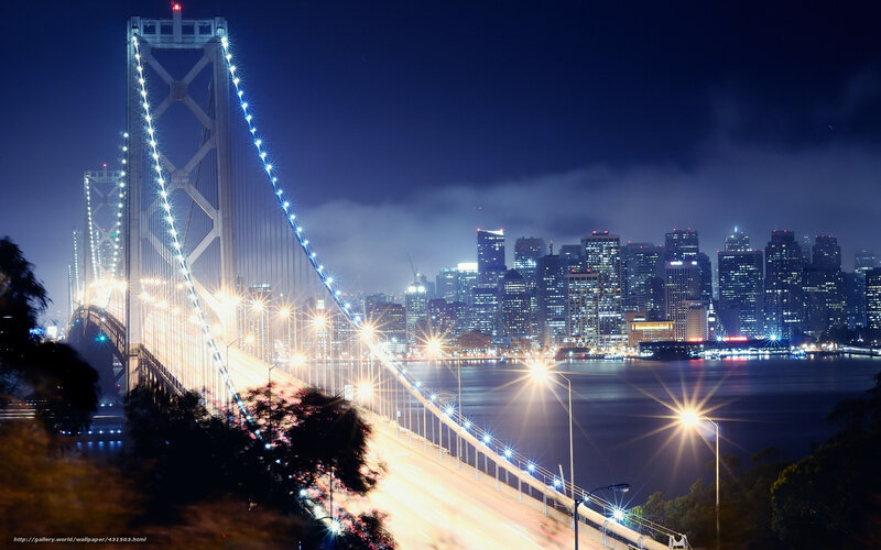 San Francisco Skyline — Blue, Dramatic, Night, Photograph, Bridge, Cityscape, Water