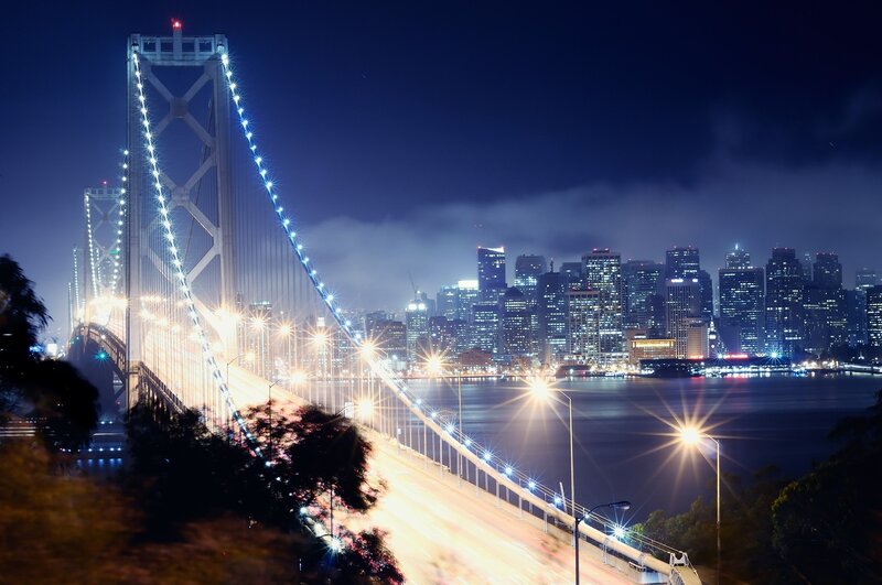 San Francisco Skyline — Blue, Dramatic, Night, Photograph, Bridge