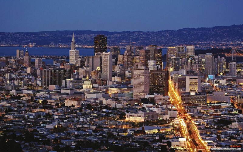 San Francisco Skyline — Blue, Dramatic, Night, Photograph, Buildings, Bridge, Bay