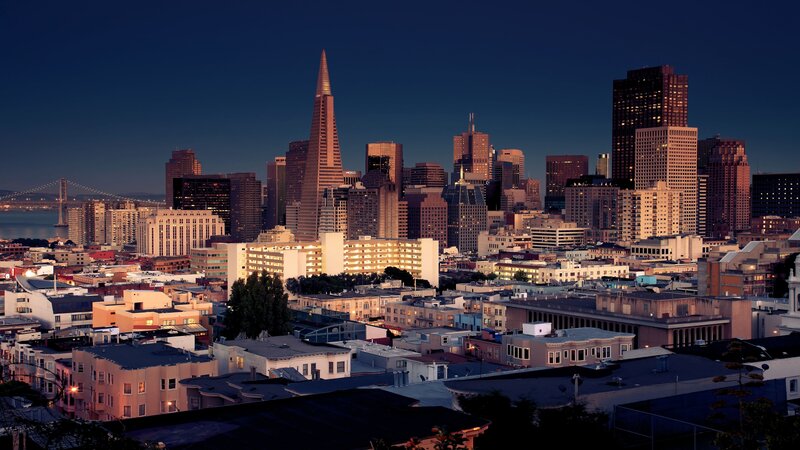 San Francisco Skyline — Blue, Dramatic, Night, Photograph, Buildings, Bridge