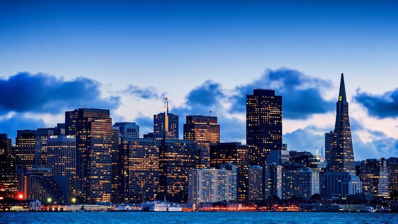 San Francisco Skyline — Blue, Dramatic, Night, Photograph, Buildings, Sky