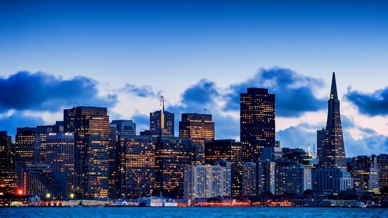 San Francisco Skyline — Blue, Dramatic, Night, Photograph, Buildings
