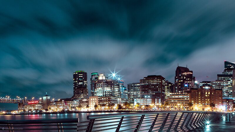 San Francisco Skyline — Blue, Dramatic, Night, Photograph, Cityscape, River