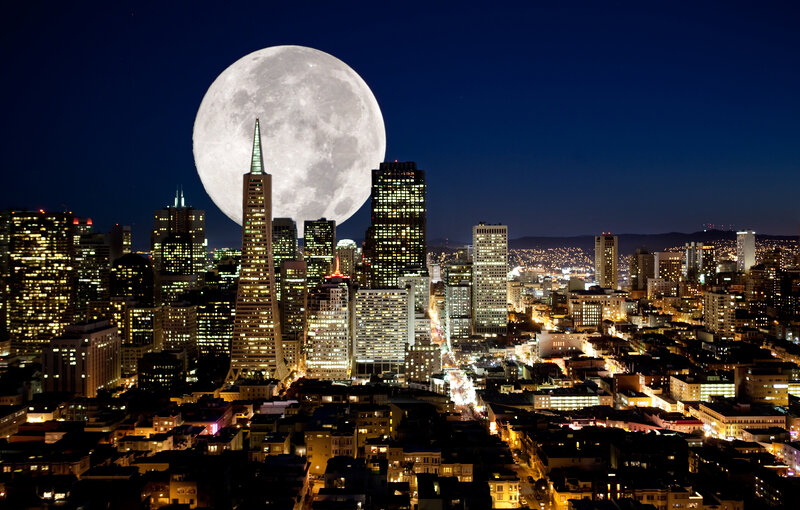 San Francisco Skyline — Blue, Dramatic, Night, Photograph, Moon