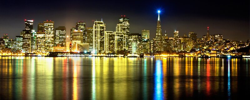San Francisco Skyline — Blue, Dramatic, Night, Photograph, Skyscraper, Water